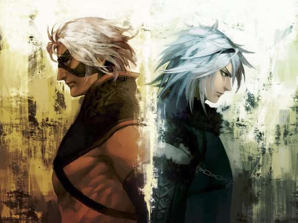Anime picture 1280x960 with nier nier (young) nier (old) yohi short hair silver hair white hair profile dark skin back to back dual persona boy chain mask coat