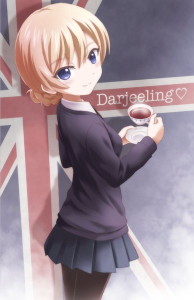 Anime picture 992x1534 with girls und panzer darjeeling (girls und panzer) outsider 0 single tall image looking at viewer fringe short hair blue eyes blonde hair smile holding braid (braids) pleated skirt from above looking up girl thighhighs skirt cup