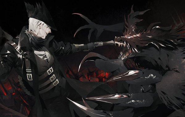 Anime picture 1685x1064 with bloodborne from software hunter (bloodborne) megasus single short hair standing holding white hair outstretched arm boy gloves weapon hat black gloves belt gun pistol monster