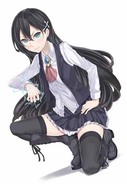 Anime picture 689x1000 with original ray-akila single long hair tall image blue eyes black hair simple background white background lightning girl thighhighs skirt black thighhighs boots