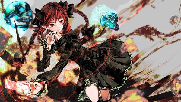 Anime picture 1920x1080 with touhou kaenbyou rin yutapon single long hair blush highres red eyes wide image twintails animal ears red hair pointy ears cat ears magic extra ears girl dress hair ornament ribbon (ribbons)