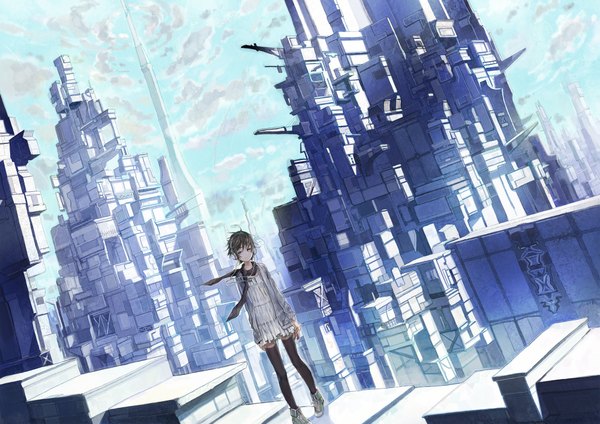 Anime picture 2000x1414 with original neyagi single highres short hair standing sky cloud (clouds) grey hair girl thighhighs black thighhighs headphones building (buildings) neckerchief tower