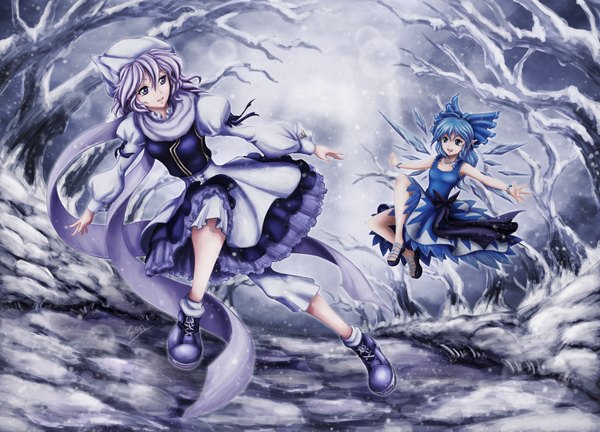 Anime picture 1500x1081 with touhou cirno letty whiterock skyspace (artist) short hair blue eyes purple eyes multiple girls blue hair purple hair snowing winter snow girl dress bow 2 girls hair bow wings boots