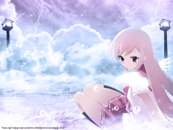 Anime picture 1280x960 with to heart 2 leaf (studio) lucy maria misora kawata hisashi single long hair sitting brown eyes payot looking away pink hair sky cloud (clouds) outdoors sunlight bare legs short sleeves angel wings girl uniform