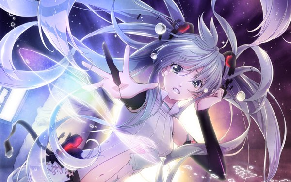 Anime picture 1280x800 with vocaloid vocaloid append hatsune miku hatsune miku (append) koyama rikako single long hair wide image twintails blue hair very long hair aqua eyes aqua hair tears outstretched arm outstretched hand crying digital dissolve girl gloves