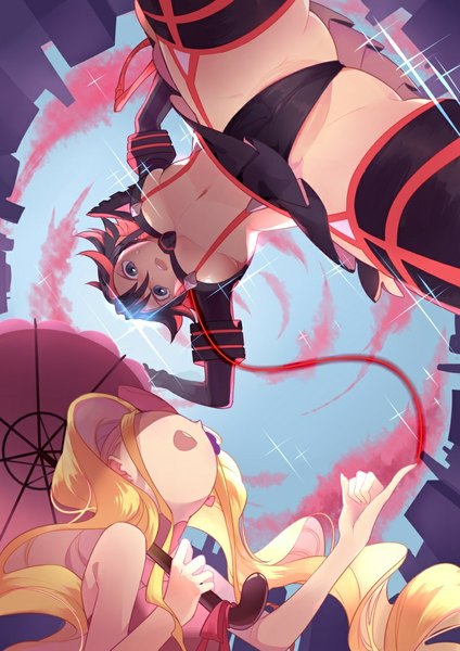 Anime picture 800x1131 with kill la kill studio trigger matoi ryuuko harime nui toashi (a1358449) long hair tall image short hair breasts open mouth blue eyes light erotic black hair blonde hair twintails multiple girls sky red hair multicolored hair two-tone hair