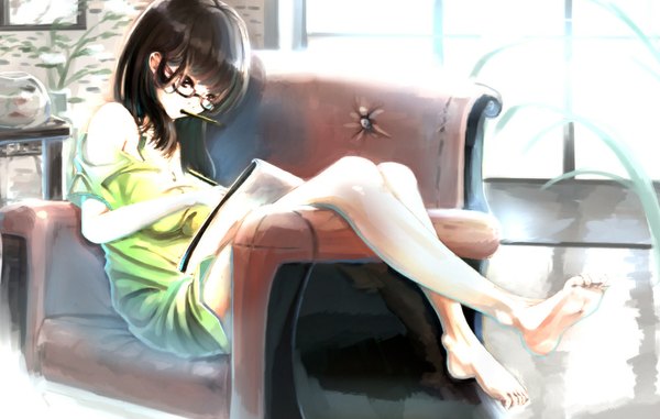 Anime picture 1000x635 with original kikivi single long hair black hair barefoot black eyes bare legs girl dress plant (plants) glasses armchair pencil