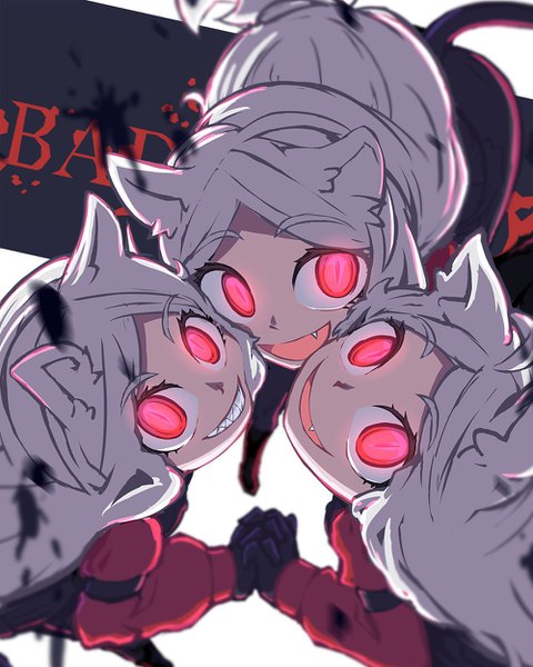 Anime-Bild 1000x1250 mit helltaker cerberus (helltaker) krr316 long hair tall image looking at viewer open mouth simple background smile red eyes standing multiple girls animal ears white hair tail :d from above inscription teeth fang (fangs)