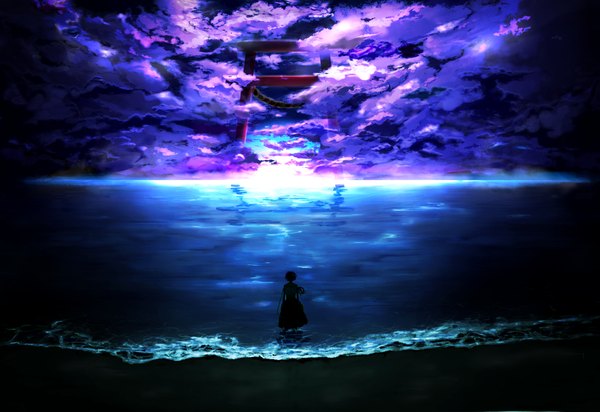 Anime picture 1600x1100 with original momiji oroshi single sky cloud (clouds) landscape scenic silhouette water torii