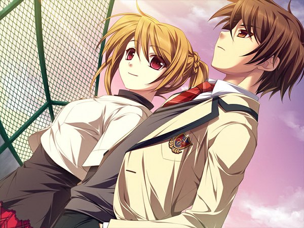 Anime picture 1024x768 with comu -kuroi ryuu to yasashii oukoku- takekawa benio red eyes brown hair yellow eyes game cg orange hair couple girl boy serafuku