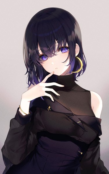 Anime picture 1046x1670 with original a20 (atsumaru) single tall image looking at viewer blush fringe short hair breasts black hair simple background hair between eyes purple eyes bare shoulders cleavage purple hair upper body head tilt multicolored hair arm up