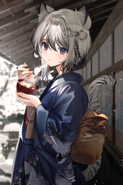 Anime picture 2618x3907 with original amanai daisy single tall image fringe highres short hair hair between eyes purple eyes animal ears tail traditional clothes japanese clothes animal tail grey hair snowing eating new year tiger ears tiger tail