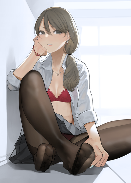 Anime picture 1066x1491 with original yomu (sgt epper) single long hair tall image looking at viewer fringe breasts light erotic hair between eyes brown hair sitting brown eyes full body bent knee (knees) parted lips pleated skirt shadow pantyshot open shirt