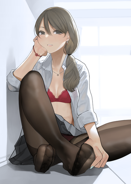 Anime-Bild 1066x1491 mit original yomu (sgt epper) single long hair tall image looking at viewer fringe breasts light erotic hair between eyes brown hair sitting brown eyes full body bent knee (knees) parted lips pleated skirt shadow pantyshot open shirt