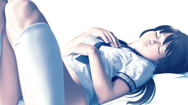 Anime picture 1920x1080 with original tora tsugumi single long hair fringe highres light erotic black hair simple background wide image white background bent knee (knees) lying eyes closed short sleeves on back wallpaper hand on chest knees touching girl