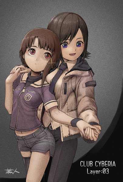 Anime picture 2362x3496 with serial experiments lain iwakura lain mizuki alice masahito (yomenu) tall image highres short hair open mouth black hair red eyes brown hair purple eyes multiple girls :d open jacket holding hands girl hair ornament 2 girls necktie
