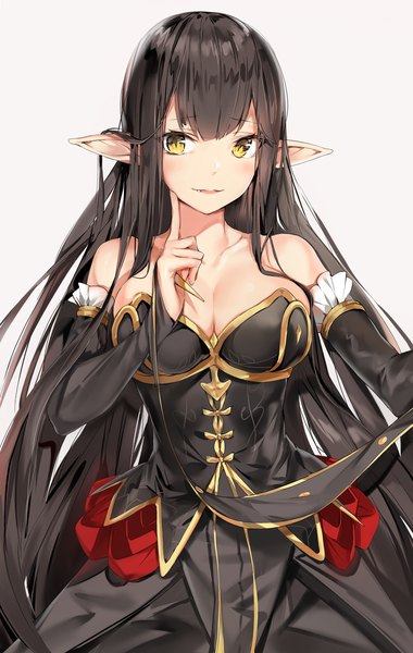 Anime picture 1300x2050 with fate (series) fate/apocrypha semiramis (fate) silver (chenwen) single long hair tall image looking at viewer blush fringe breasts light erotic black hair simple background smile bare shoulders yellow eyes cleavage parted lips pointy ears