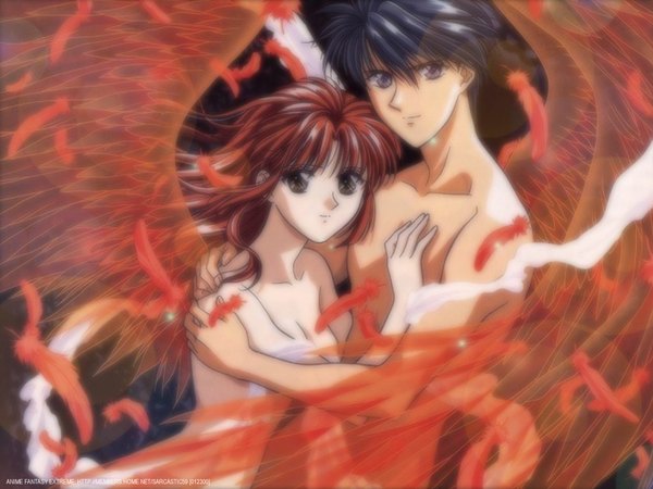 Anime picture 1024x768 with fushigi yuugi yuuki miaka tamahome light erotic blue hair red hair couple wings feather (feathers)