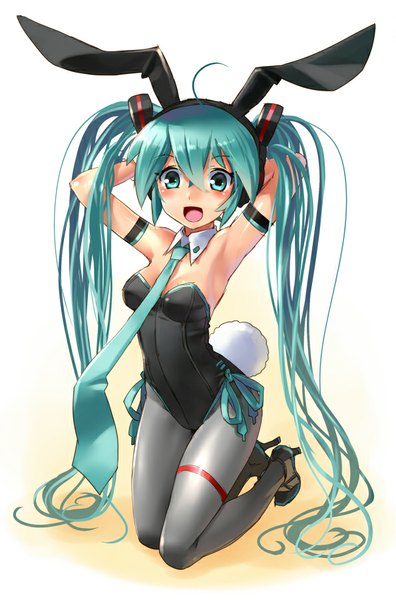 Anime picture 595x900 with vocaloid hatsune miku katahira masashi tall image looking at viewer blush open mouth light erotic twintails bare shoulders animal ears tail very long hair animal tail aqua eyes aqua hair armpit (armpits) high heels bunny ears kneeling