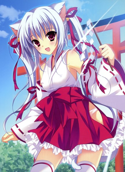 Anime picture 2444x3372 with herurun single long hair tall image blush highres open mouth light erotic purple eyes twintails animal ears white hair cat ears cat girl miko girl ribbon (ribbons) detached sleeves