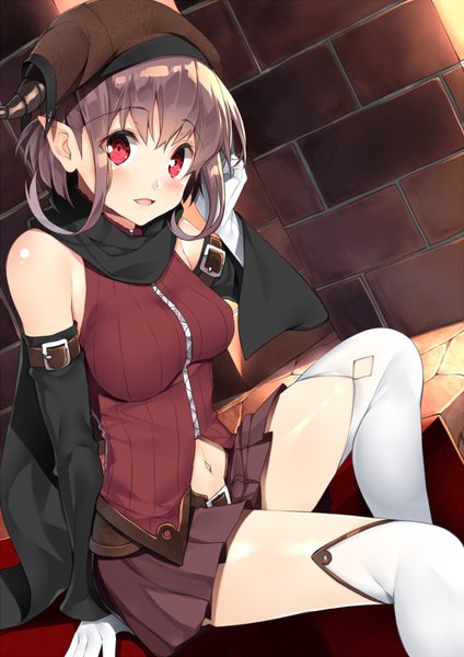 Anime picture 566x800 with original yappen single tall image blush short hair open mouth red eyes sitting horn (horns) pointy ears grey hair girl thighhighs skirt navel detached sleeves miniskirt white thighhighs