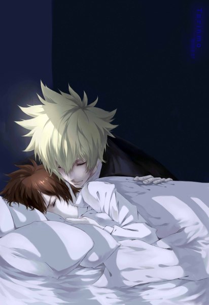 Anime picture 2031x2952 with katekyou hitman reborn sawada tsunayoshi vongola primo giotto torinmo tall image highres short hair blonde hair brown hair lying eyes closed inscription multiple boys shadow sleeping boy pillow bed 2 boys blanket