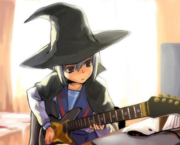 Anime picture 1280x1034 with suzumiya haruhi no yuutsu kyoto animation nagato yuki girl guitar