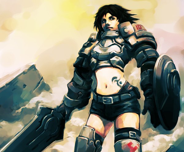 Anime picture 1088x900 with hironox single short hair black hair black eyes tattoo girl navel weapon shorts belt armor huge weapon huge sword shield