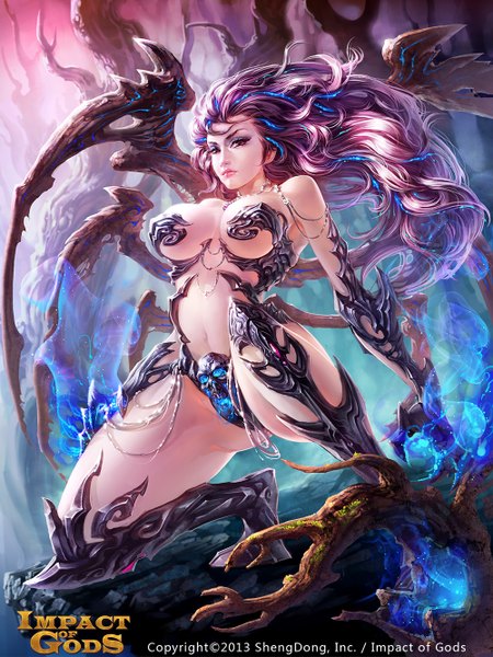 Anime picture 1000x1333 with impact of gods zhang wei yi single long hair tall image looking at viewer light erotic pink hair purple hair pink eyes magic angel girl navel plant (plants) wings tree (trees) jewelry skull claws