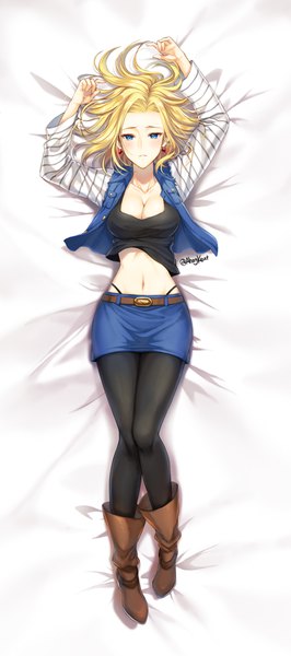 Anime picture 852x1921 with dragon ball dragon ball z android 18 ahngkeut single tall image looking at viewer blush short hair breasts blue eyes light erotic blonde hair large breasts signed cleavage full body lying parted lips from above