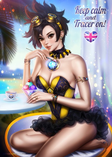 Anime picture 3000x4200 with overwatch blizzard entertainment tracer (overwatch) ayyasap single tall image looking at viewer fringe highres short hair breasts light erotic black hair sitting bare shoulders brown eyes signed payot bent knee (knees) nail polish