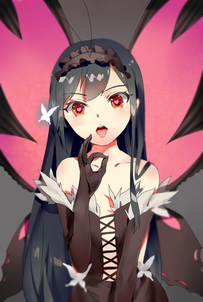 Anime picture 1181x1748 with accel world sunrise (studio) kuroyukihime kako09131 single long hair tall image looking at viewer blush fringe open mouth light erotic black hair red eyes bare shoulders grey background sleeveless symbol-shaped pupils saliva heart-shaped pupils