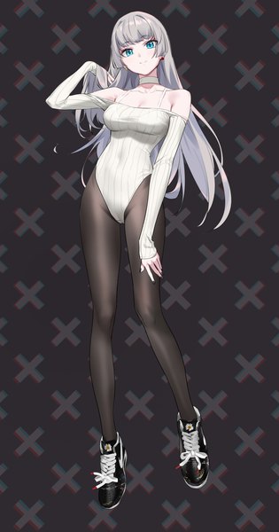 Anime picture 2079x3966 with original yd (orange maru) single long hair tall image looking at viewer fringe highres breasts blue eyes light erotic simple background smile standing bare shoulders cleavage silver hair full body blunt bangs nail polish