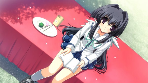 Anime picture 1024x576 with uni. special limited edition (game) long hair black hair wide image purple eyes game cg girl serafuku