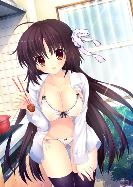 Anime picture 3344x4700 with alia's carnival! saijo karin mitha single long hair tall image looking at viewer blush highres light erotic brown hair absurdres cleavage ahoge open clothes leaning open shirt leaning forward girl thighhighs
