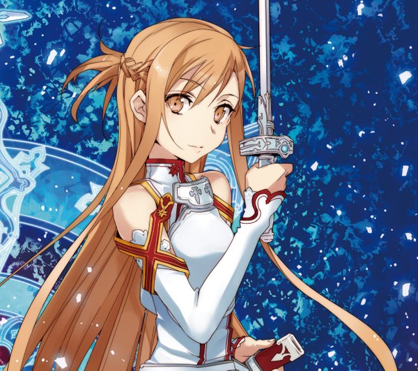 Anime picture 2560x2273 with sword art online a-1 pictures yuuki asuna long hair looking at viewer highres brown hair brown eyes girl weapon detached sleeves sword