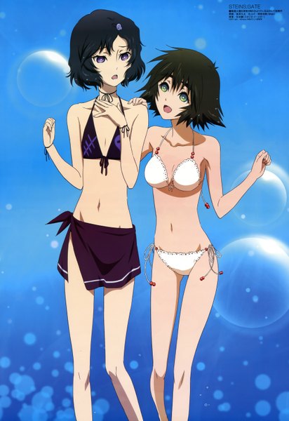 Anime picture 4088x5951 with steins;gate white fox megami magazine shiina mayuri urushibara ruka sakai kyuuta tall image highres short hair open mouth black hair purple eyes green eyes absurdres official art otoko no ko hand on another's shoulder girl boy swimsuit