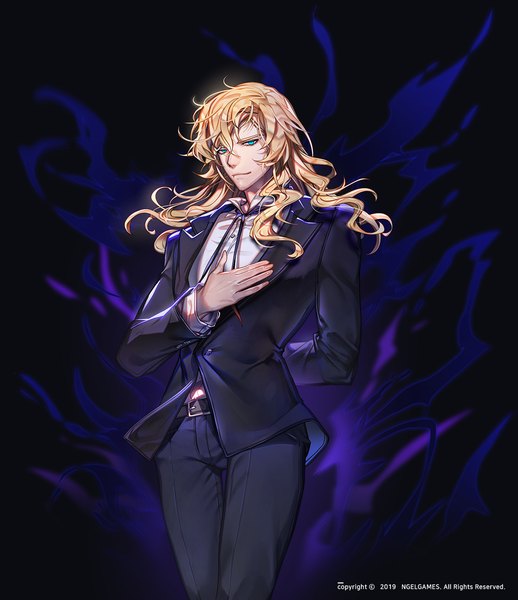 Anime picture 1200x1390 with noblesse hero cantare frankenstein yagaaaa single long hair tall image looking at viewer fringe blue eyes simple background blonde hair hair between eyes standing long sleeves light smile official art hand on chest black background arm behind back