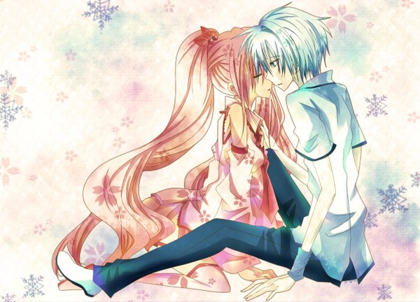 Anime picture 1250x900 with vocaloid hatsune miku sakura miku hatsune mikuo kitty-bell92 long hair short hair blue eyes twintails blue hair pink hair eyes closed couple almost kiss girl boy detached sleeves pants snowflake (snowflakes)