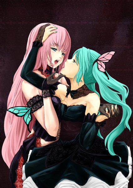 Anime picture 1446x2046 with vocaloid magnet (vocaloid) hatsune miku megurine luka hamu no jin long hair tall image open mouth twintails multiple girls green eyes pink hair nail polish green hair holding hands shoujo ai head wings insect wings almost kiss butterfly wings