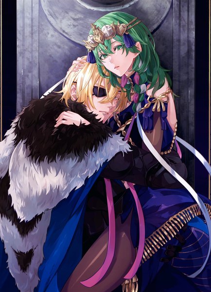 Anime picture 1479x2047 with fire emblem fire emblem: three houses nintendo byleth (fire emblem) dimitri alexandre blaiddyd byleth (female) (fire emblem) enlightened byleth (female) hamut nl long hair tall image looking at viewer fringe short hair blue eyes blonde hair hair between eyes green eyes parted lips green hair fur trim