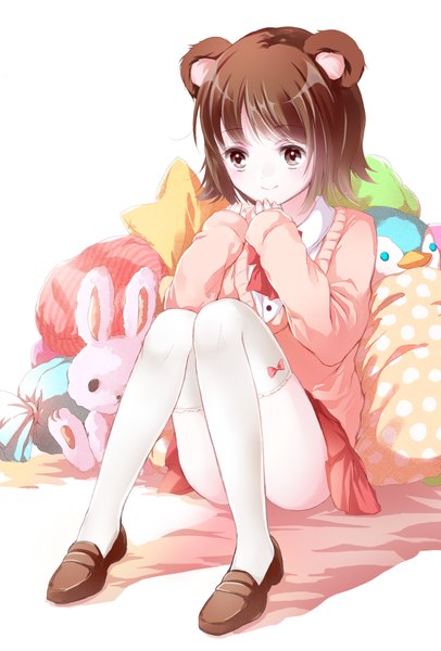Anime picture 650x960 with original yatomi single tall image blush fringe short hair smile brown hair sitting brown eyes looking away shadow girl thighhighs bow white thighhighs shoes pillow toy