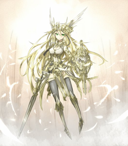 Anime picture 1400x1594 with lord of vermilion valkyrie (lord of vermilion) ganesagi single long hair tall image looking at viewer blonde hair green eyes valkyrie girl thighhighs weapon black thighhighs sword feather (feathers) helmet huge weapon huge sword shield