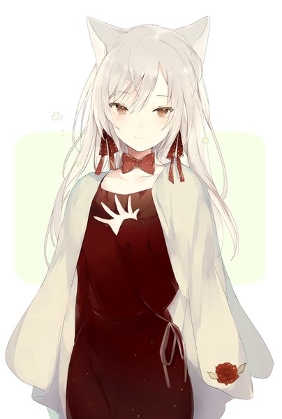 Anime picture 619x920 with original lpip single long hair tall image looking at viewer blush fringe simple background smile hair between eyes brown eyes animal ears silver hair upper body long sleeves fox ears polka dot clothes on shoulders girl