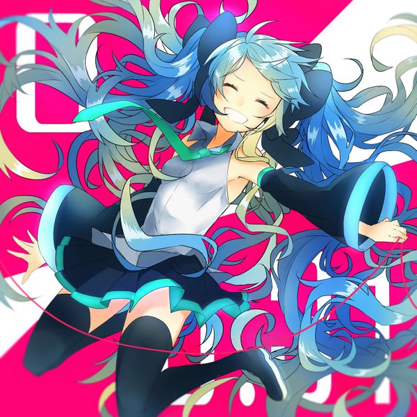 Anime picture 1441x1441 with vocaloid hatsune miku sogawa single blush smile twintails blue hair full body eyes closed very long hair spread arms pink background ^ ^ jumping girl bow hair bow detached sleeves boots