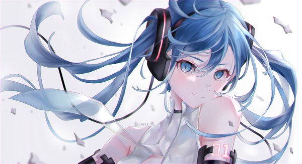 Anime picture 5730x3125 with vocaloid vocaloid append hatsune miku hatsune miku (append) towor n single long hair fringe highres blue eyes hair between eyes wide image twintails bare shoulders signed blue hair absurdres upper body light smile twitter username