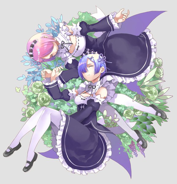 Anime picture 1000x1038 with re:zero kara hajimeru isekai seikatsu white fox rem (re:zero) ram (re:zero) shiosoda tall image fringe short hair multiple girls blue hair pink hair full body eyes closed hair over one eye maid sleeping siblings twins sisters girl