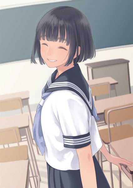 Anime picture 1450x2048 with original kamo (gafas) single tall image fringe short hair black hair smile standing indoors blunt bangs eyes closed looking back ^ ^ girl uniform serafuku chair desk blackboard