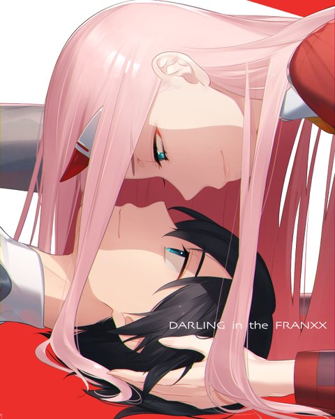 Anime picture 1200x1500 with darling in the franxx studio trigger zero two (darling in the franxx) hiro (darling in the franxx) miyamotokannn long hair tall image fringe short hair black hair simple background smile pink hair long sleeves profile horn (horns) aqua eyes copyright name couple shaded face