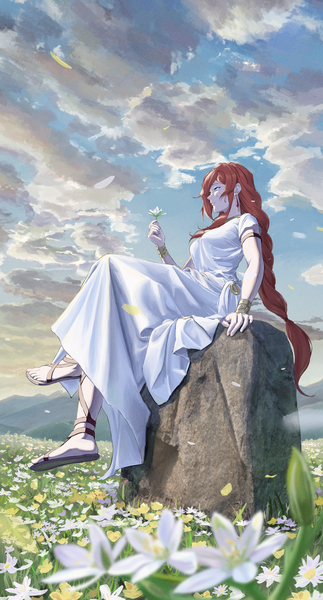 Anime picture 2160x4016 with sousou no frieren flamme (sousou no frieren) bocchi (kuropom7) single tall image highres sitting looking away sky cloud (clouds) full body outdoors red hair braid (braids) very long hair profile single braid girl dress flower (flowers)
